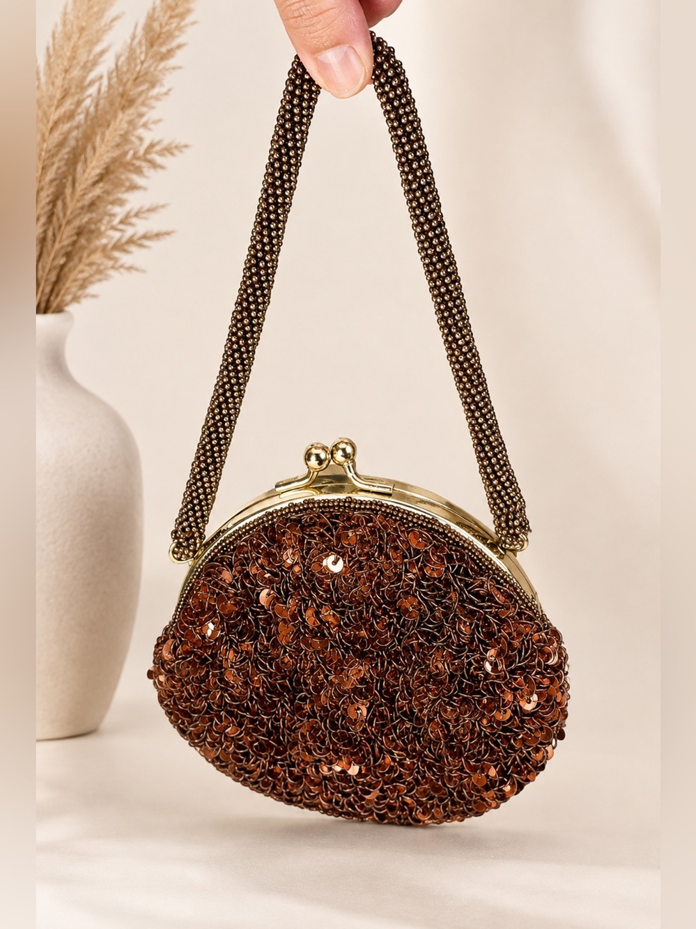 Vintage Cache Chocolate Drop Sequin Purse with Beaded Handle